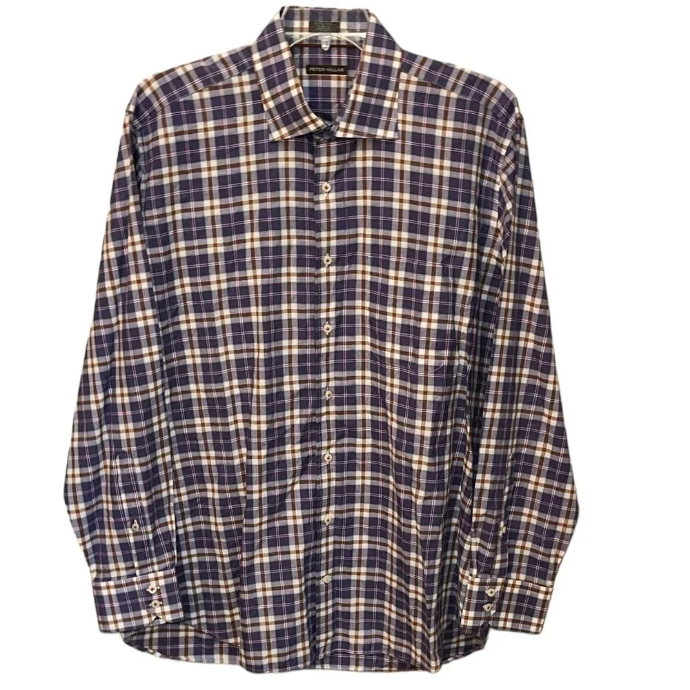 Peter Millar 100% Cotton Button Down Dress Shirt Plaid Size XL